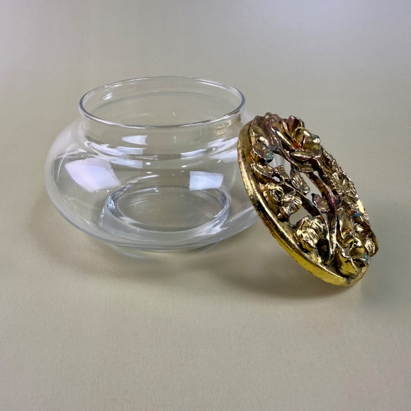 Vintage Glass Trinket Dish with Ornate Brass Rose Lid | Hollywood Regency Style - Picture 2 of 13